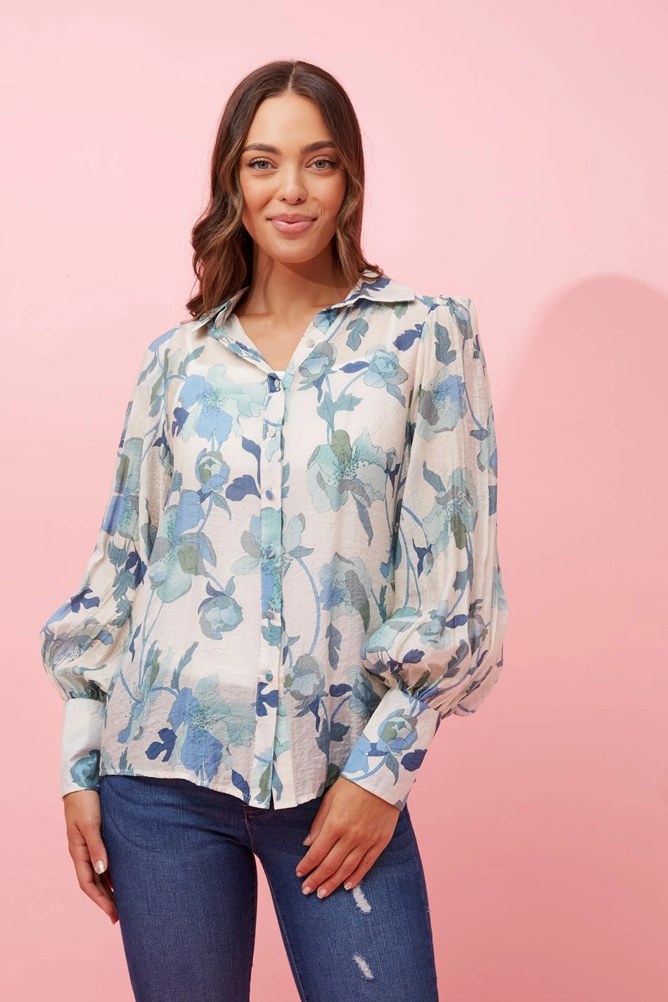 BELLE LONG BALLOON SLEEVE FLORAL SHIRT - Image 3