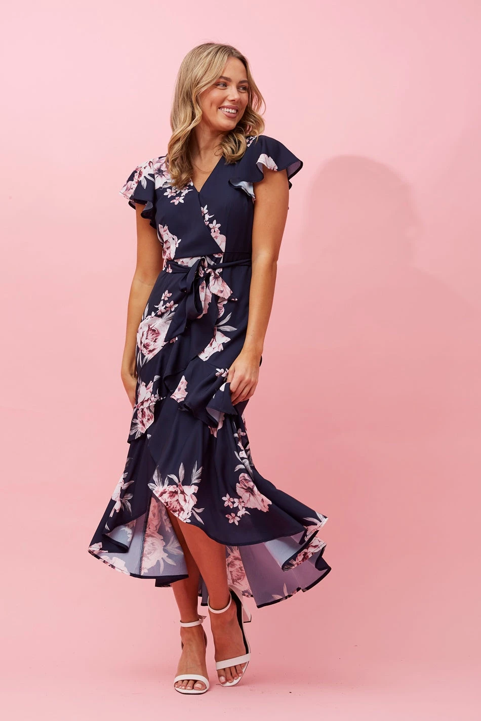 DENVER FLORAL RUFFLE HEM HI LOW DRESS - Image 4