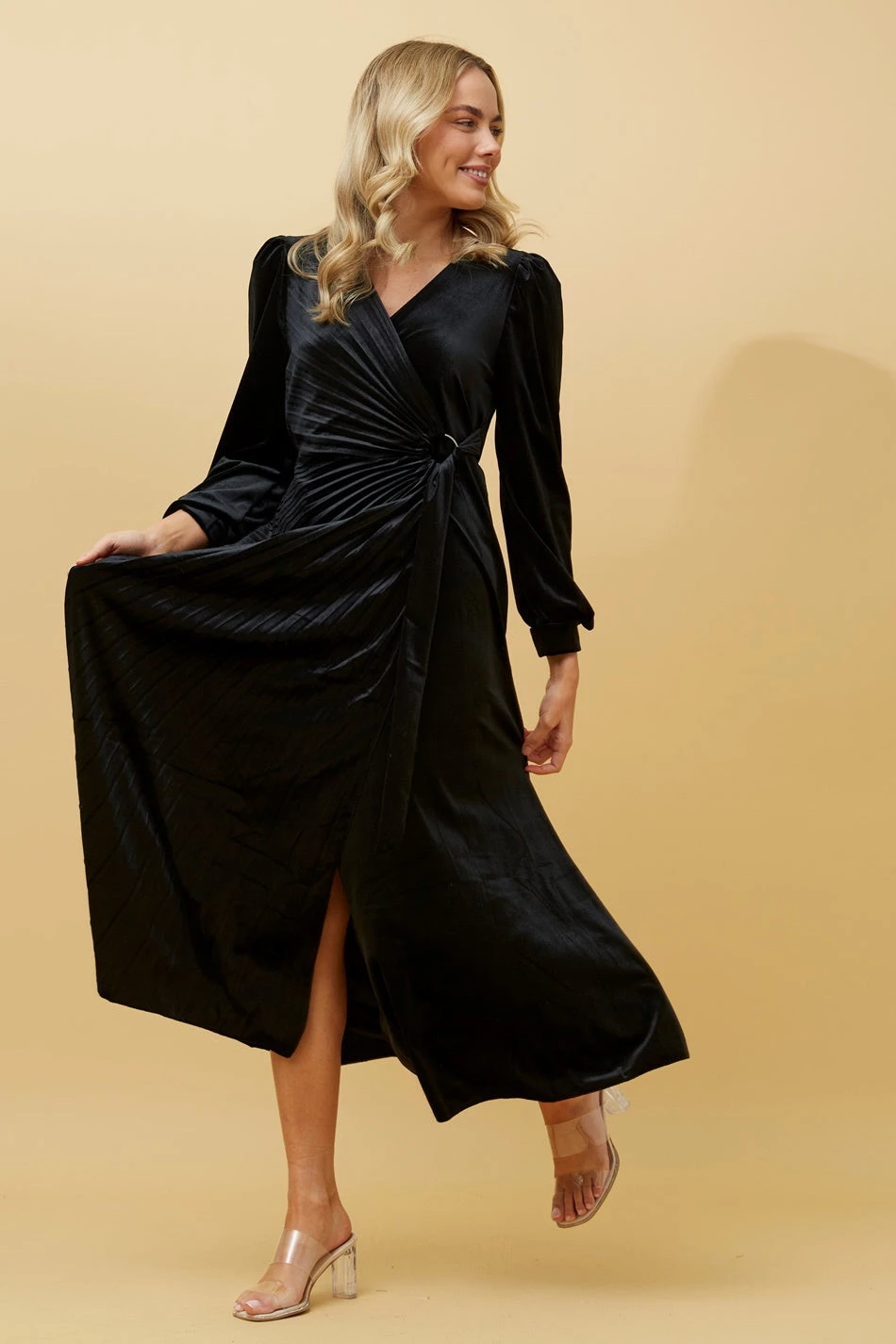 KENNEDY WRAP FRONT PLEATED VELVET MIDI DRESS - Image 7
