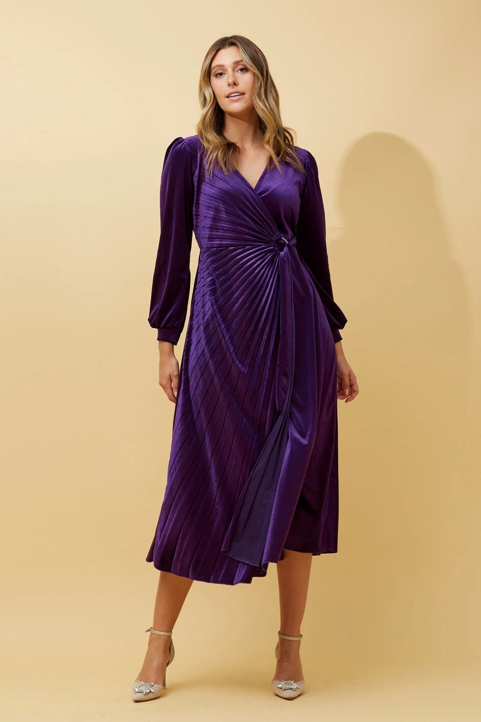 KENNEDY WRAP FRONT PLEATED VELVET MIDI DRESS - Image 9