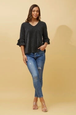 TAZIM DOUBLE FRILL SLEEVE RIBBED GLITTER TOP