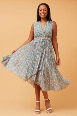REBA SLEEVELESS FLORAL PLEATED DRESS