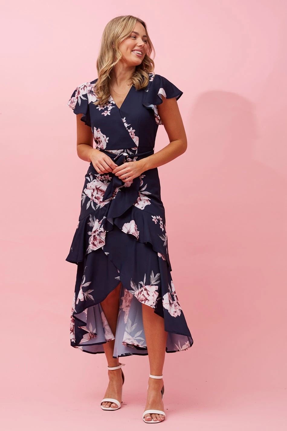DENVER FLORAL RUFFLE HEM HI LOW DRESS - Image 3