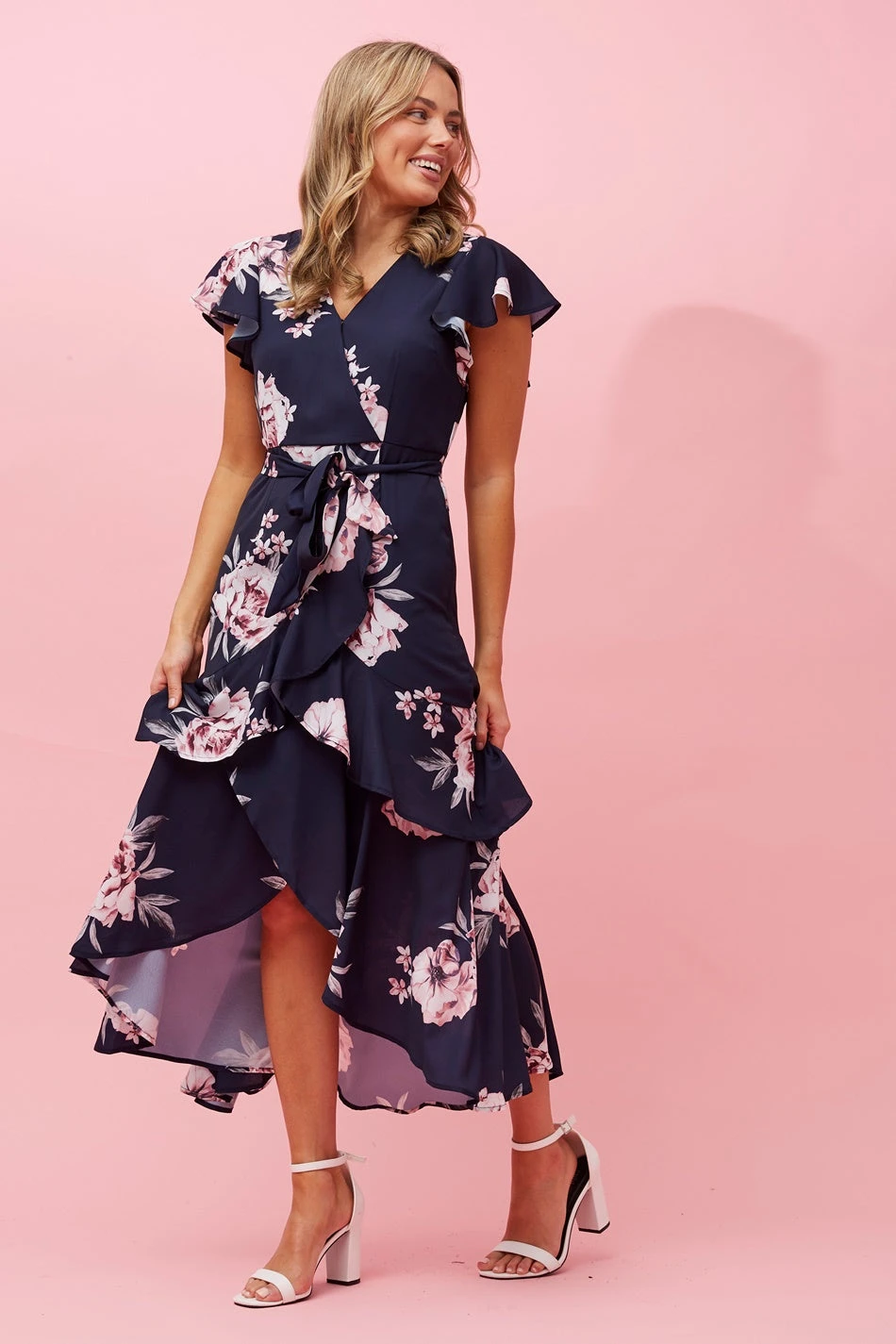 DENVER FLORAL RUFFLE HEM HI LOW DRESS - Image 6