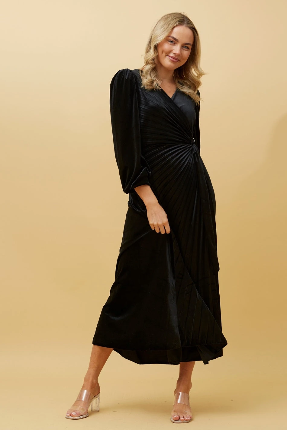 KENNEDY WRAP FRONT PLEATED VELVET MIDI DRESS - Image 3